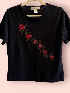 Vintage Casual Corner Black Wool Blend Embroidered Rose Sweater